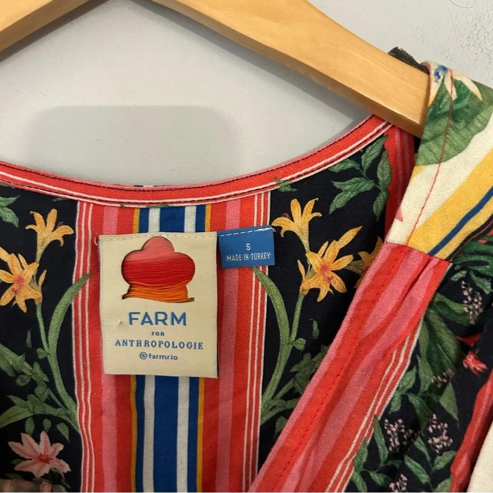 FARM Rio Navy Floral Wrap Blouse with Multicolor Stripe Sash